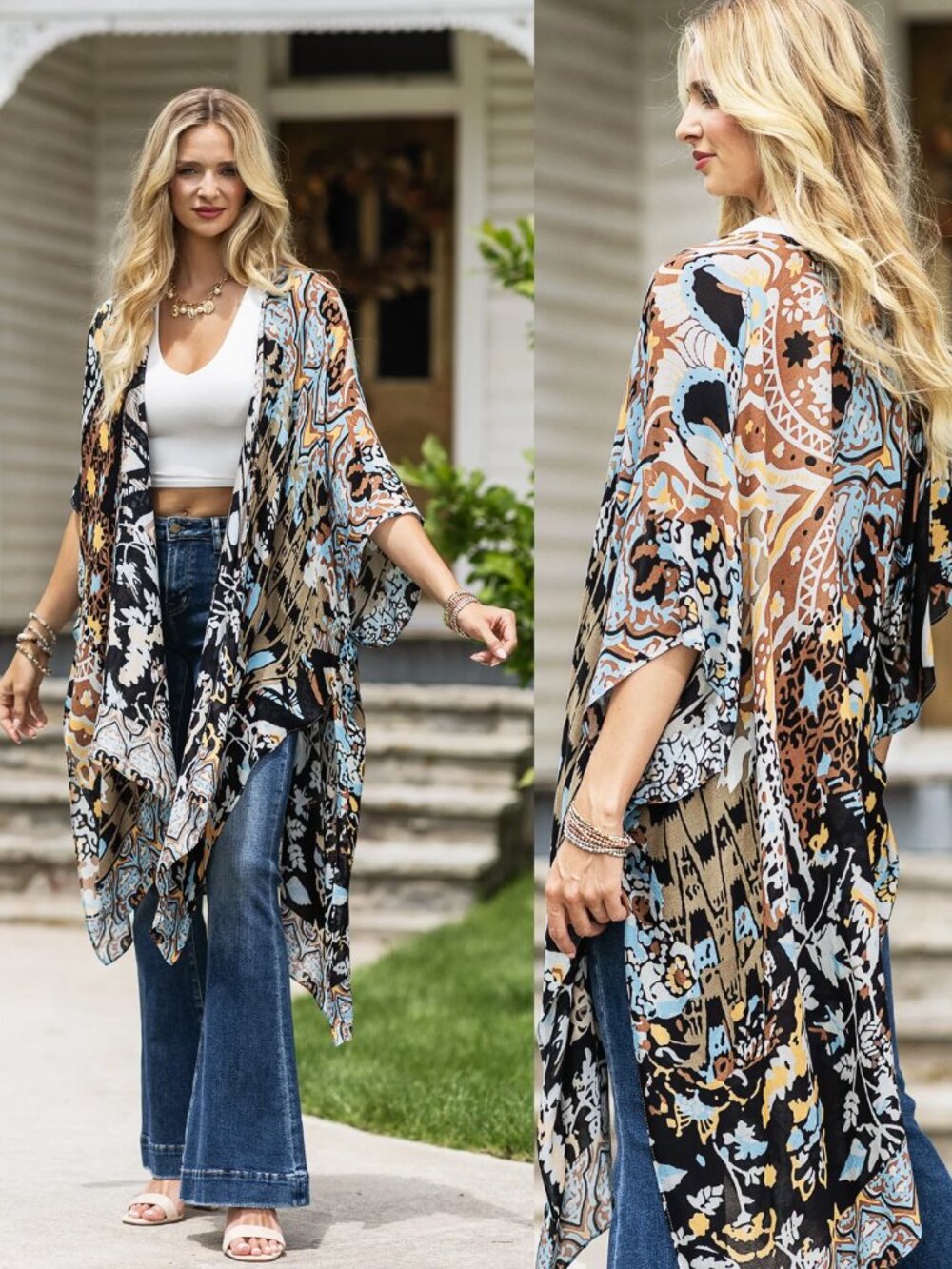 Tribal Print Kimono Lightweight Boho Duster Spring Summer Layering Piece